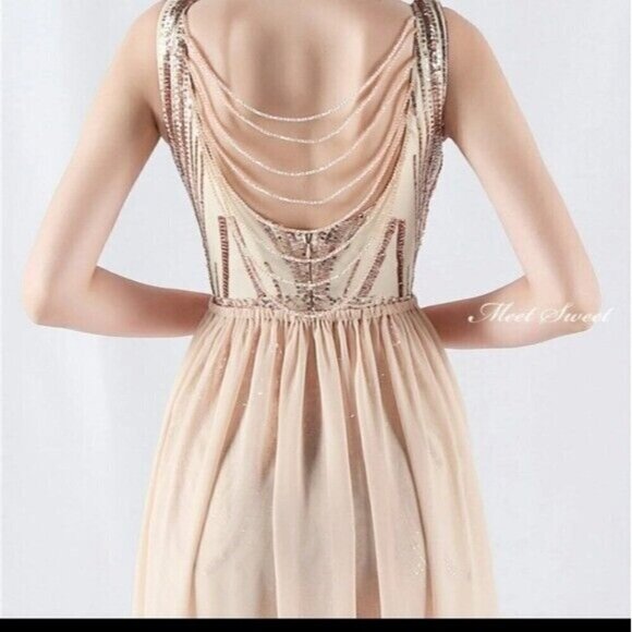 Gold, Double V, Beaded Back, Draped Skirt, Contrast Sequined Mermaid Gown - Picture 7 of 16